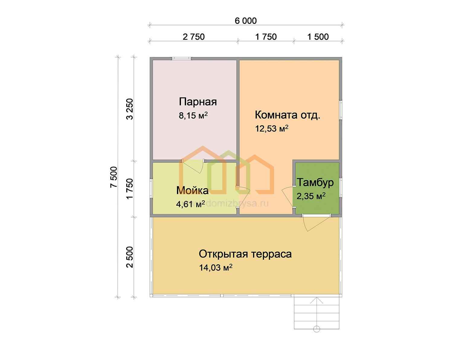 Каркасная баня одноэтажная 6х7,5, площадь: 45 м² с террасой цена под ключ в  Подпорожье 999000